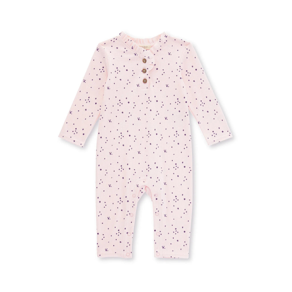 burts bee baby pink petal jumpsuit on a white background