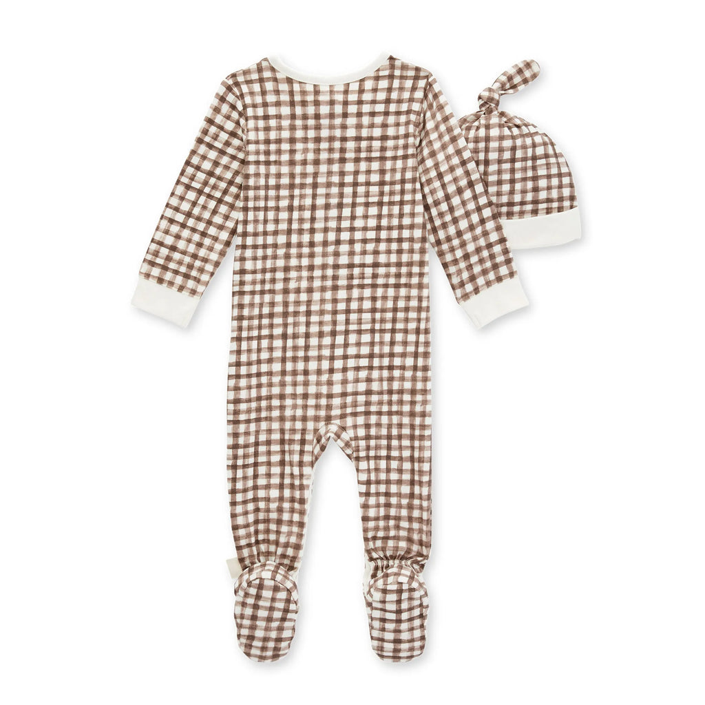 Burt's bee baby gingham footed jumpsuit on a white background