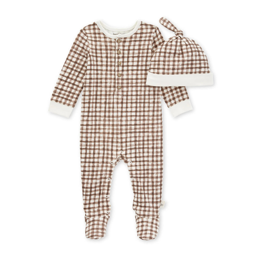 Burt's bee baby gingham footed jumpsuit on a white background