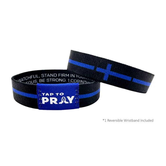 Two wristbands with blue stripes and text on a white background