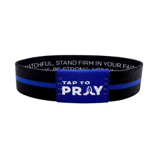 Black wristband with blue stripe and text on a white background