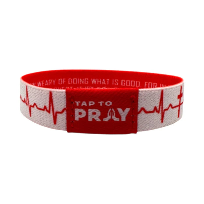 Red and white wristband with text and heart rate design on a white background