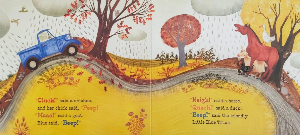 Illustrated book page with a blue truck, horse, and duck on a yellow road.