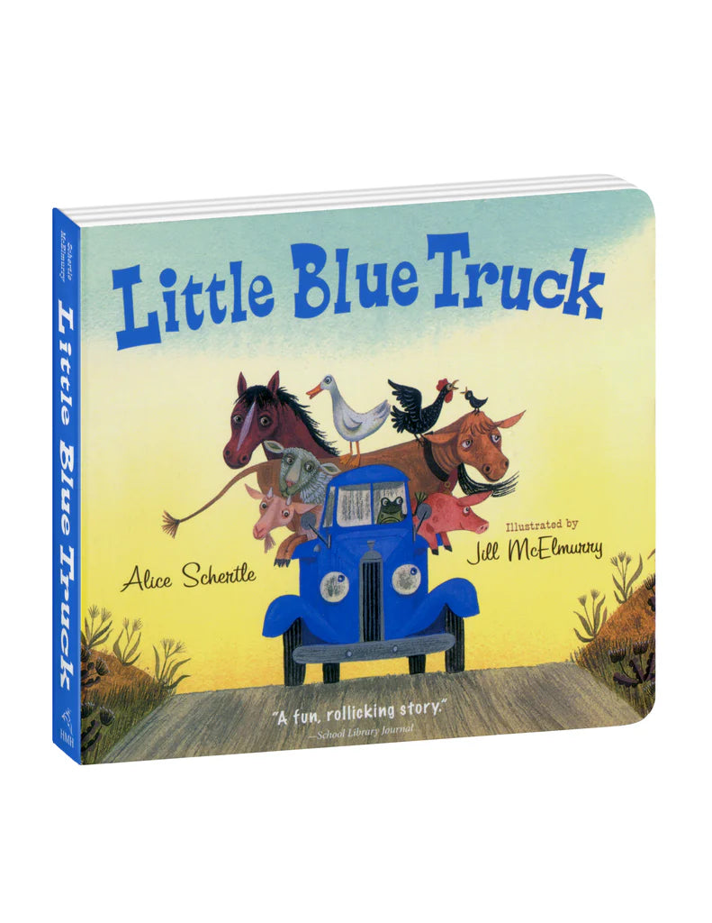 Book titled 'Little Blue Truck' with colorful illustrations on a white background