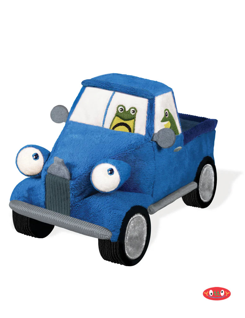 Blue plush toy car with frog characters inside on a white background