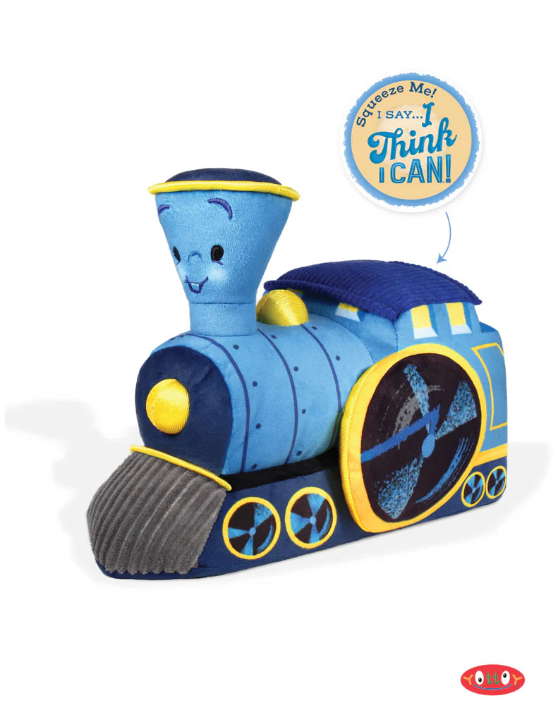 Blue toy train with a smiling face on a white background