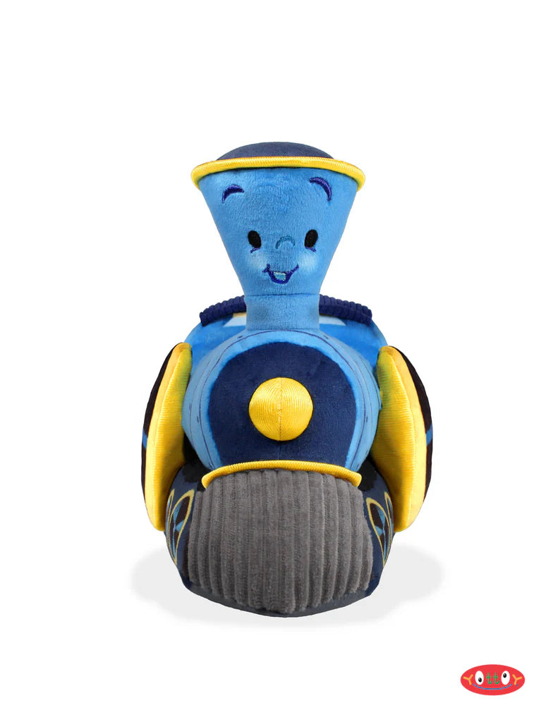 Blue plush toy train with a smiling face on a white background
