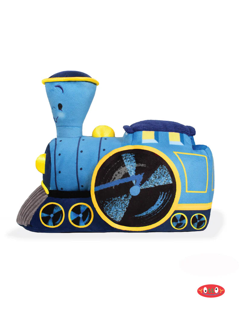 Blue toy train with yellow accents on a white background