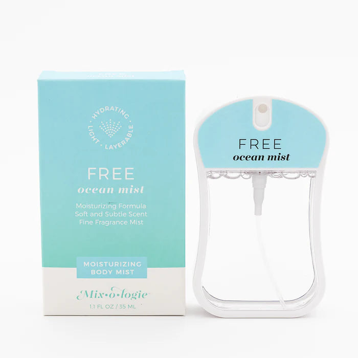 Moisturizing body mist with packaging labeled 'Free Ocean Mist' on a white background