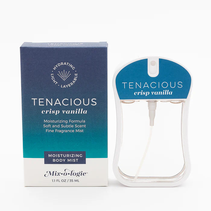 Tenacious crisp vanilla body mist with packaging on a white background