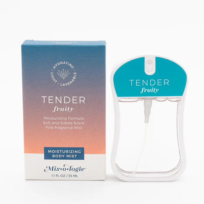 Tender fruity body mist packaging with gradient design on a white background