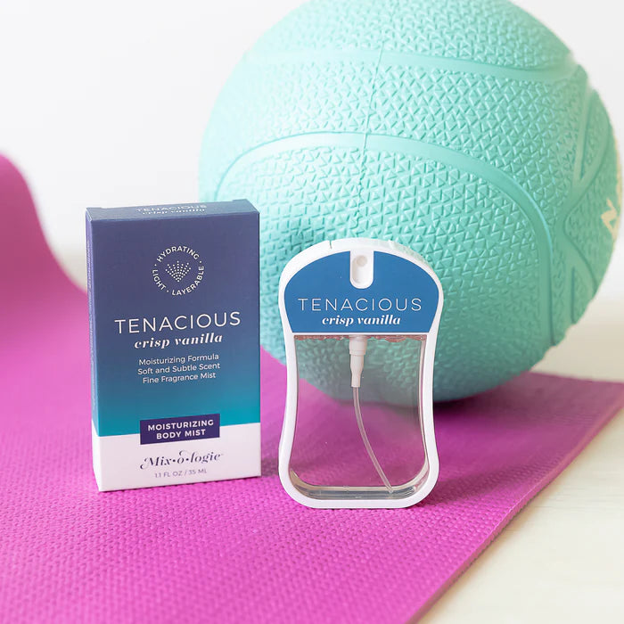 Tenacious crisp vanilla product packaging on a pink mat with a teal ball in the background
