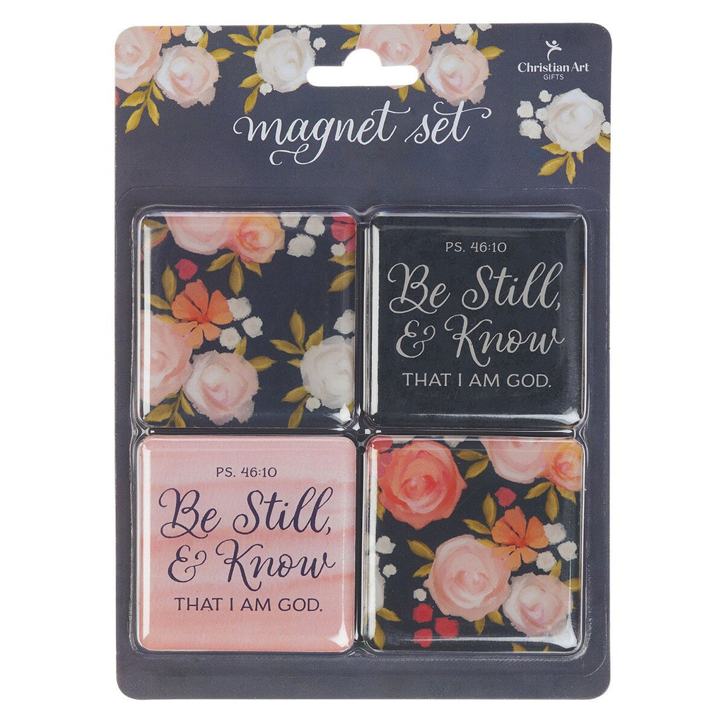 Packaged magnet set with floral designs and motivational text on a white background