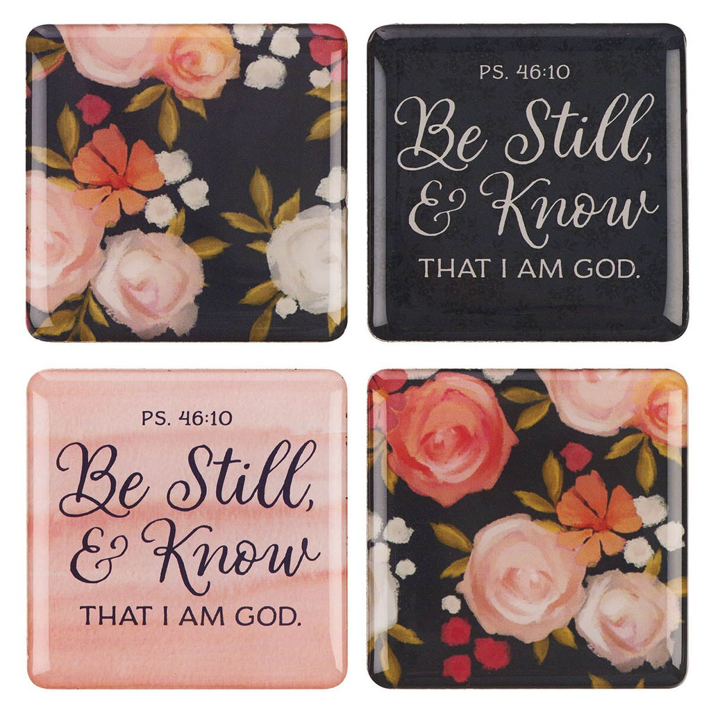 Four decorative magnets with floral designs and 'Be Still & Know That I Am God' text.