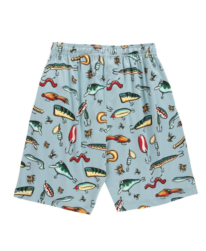Shorts with fishing lure pattern on a light blue background