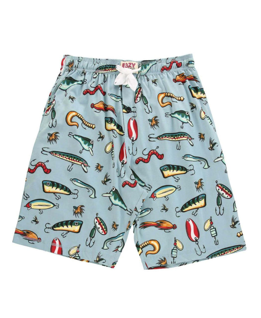 Shorts with fishing lure pattern on a light blue background