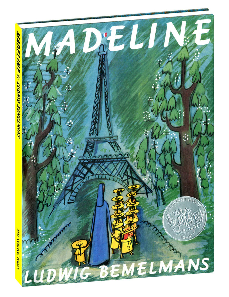 Book cover of 'Madeline' by Ludwig Bemelmans with a colorful illustration of the Eiffel Tower and trees.