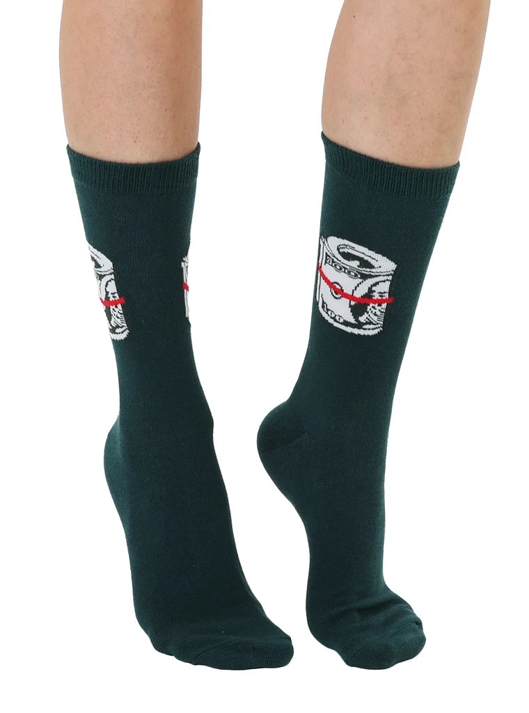 Dark green socks with a logo on a white background