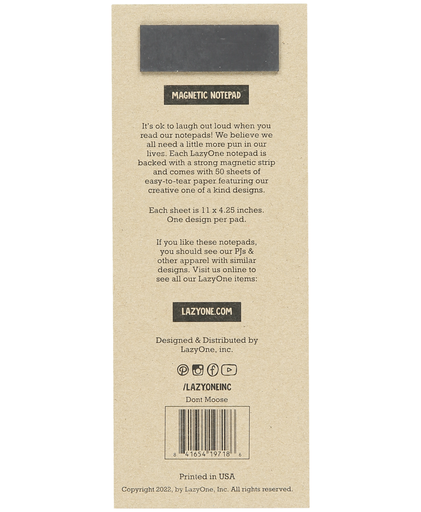 Back of a magnetic notepad packaging with text and branding information.
