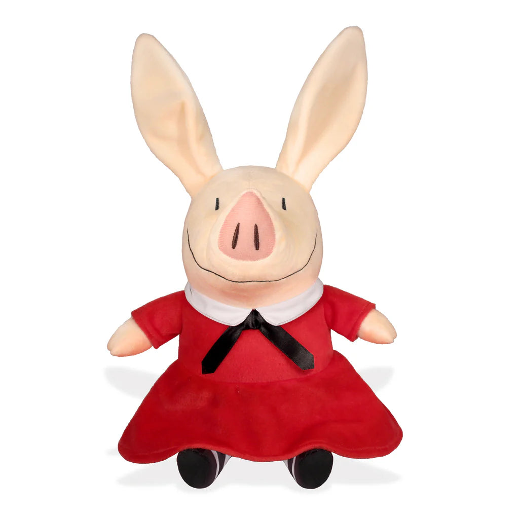Plush toy of a character with rabbit ears wearing a red dress on a white background