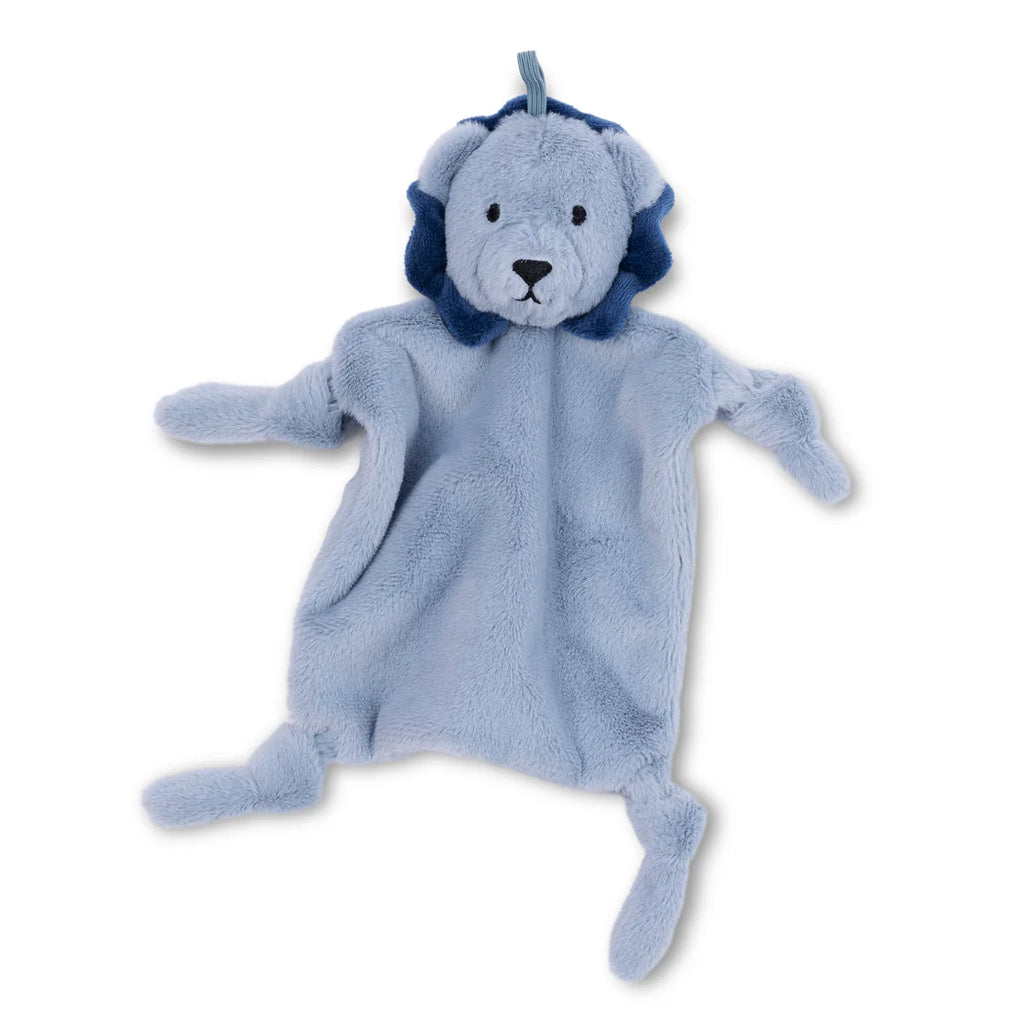 Blue plush lion comfort blanket on a white background