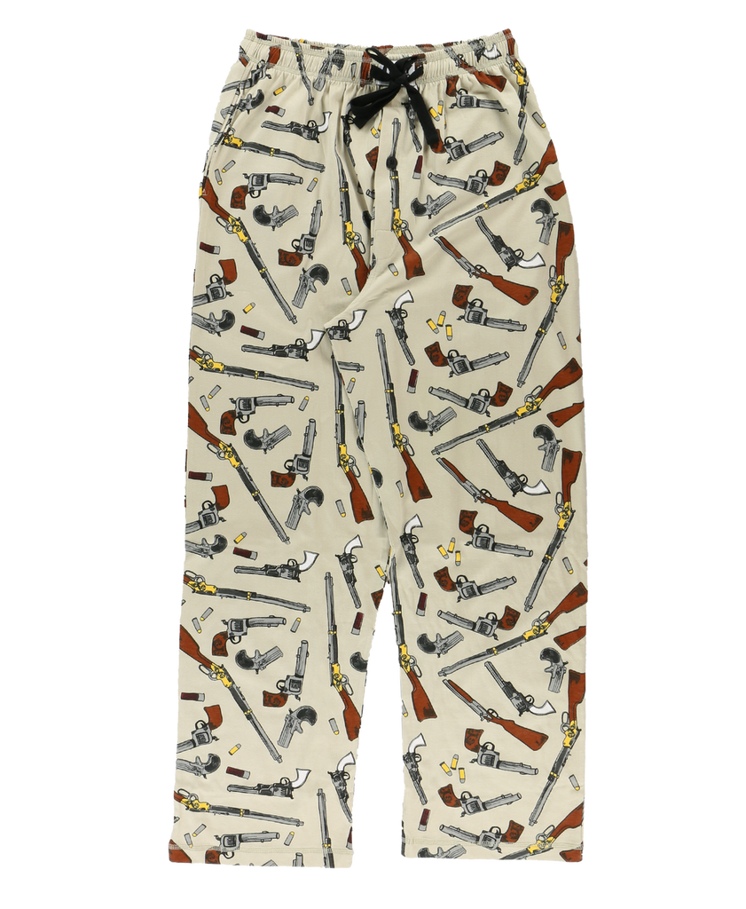 Pajama pants with gun pattern on a white background