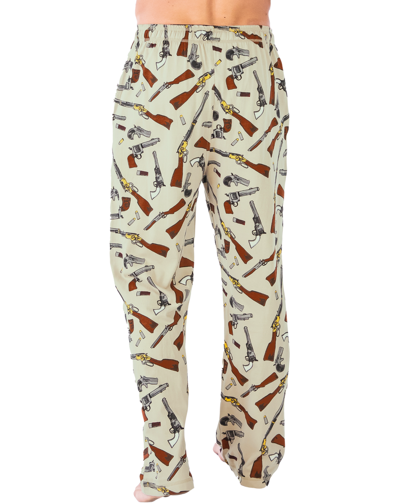 Pajama pants with gun pattern on a white background
