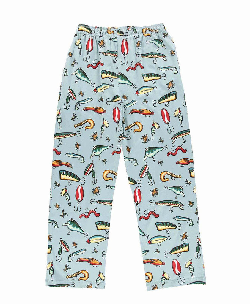 Light blue pajama pants with colorful fishing lure pattern on a white background