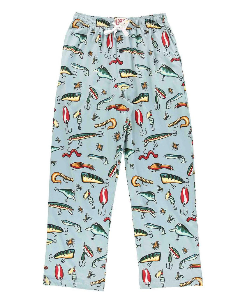 Light blue pajama pants with colorful fishing lure pattern on a white background