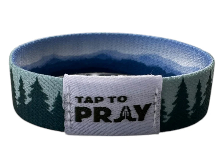 Wristband with nature design and 'Tap to Pray' text on a white background