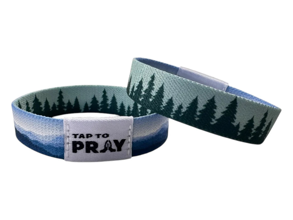 Two wristbands with nature design and 'Tap to Pray' text on a white background