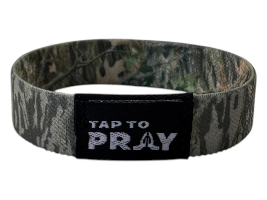 Camouflage wristband with 'Tap to Pray' text on a white background