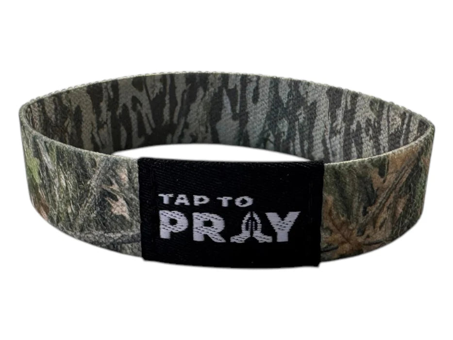 Camo headband with 'Tap to Pray' text on a white background