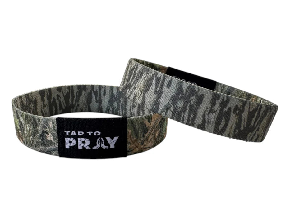 Two wristbands with camouflage pattern and 'Tap to Pray' text on a white background