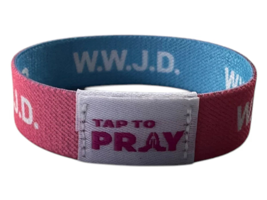 Multicolored wristband with text 'W.W.J.D.' and 'Tap to Pray' on a white background