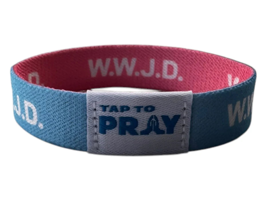 Multicolored wristband with text on a white background