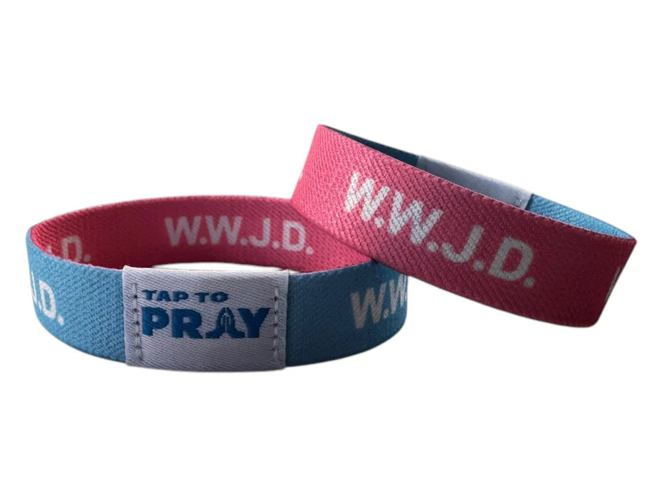 Two wristbands with 'W.W.J.D.' and 'Tap to Pray' text on a white background