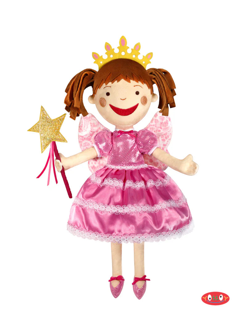 Toy doll in a pink dress with a crown, wand, and red shoes on a white background