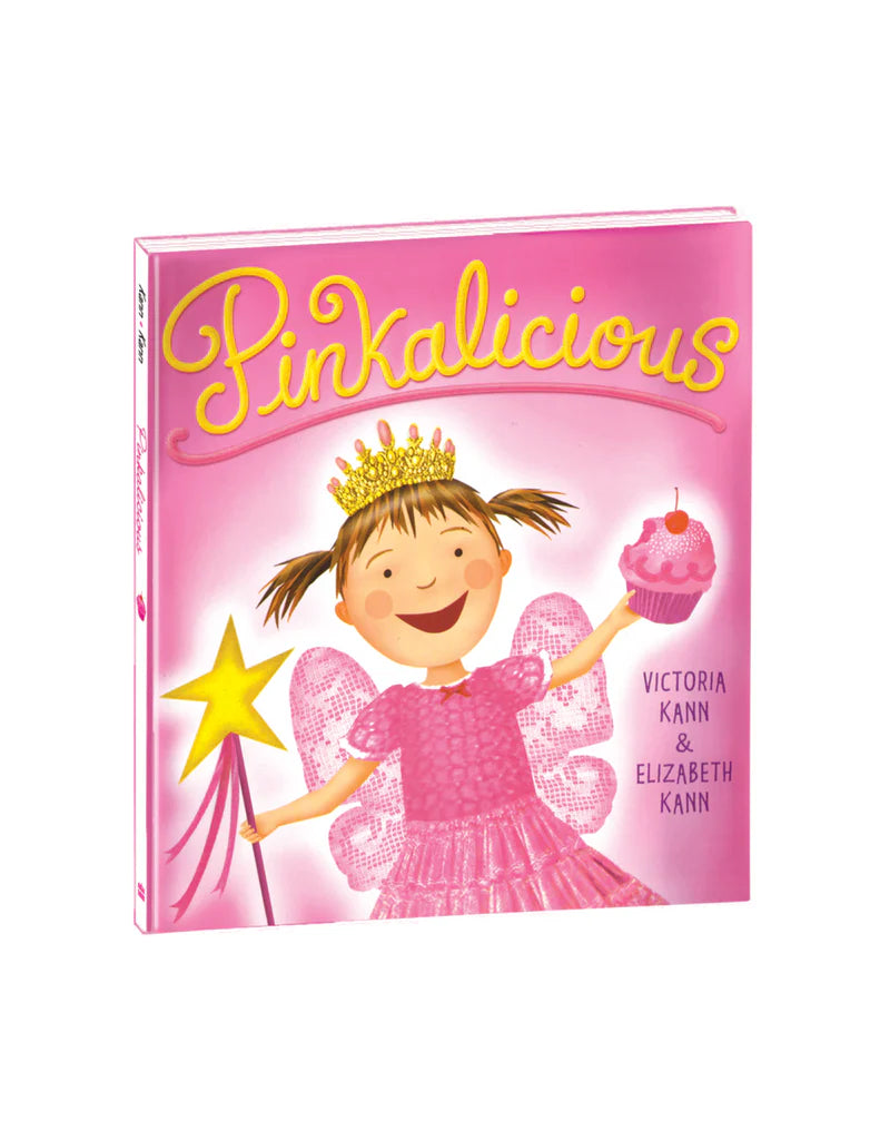 Book cover of 'Pinkalicious' with a girl in a pink dress and tiara holding a cupcake.