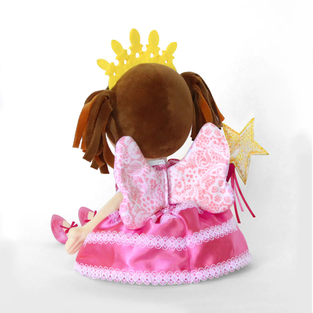 Plush toy with a pink dress and yellow crown on a white background
