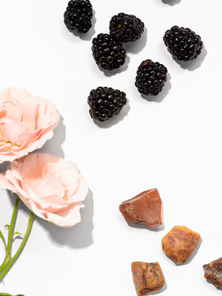 blackberry, flowers, and rock on a white background