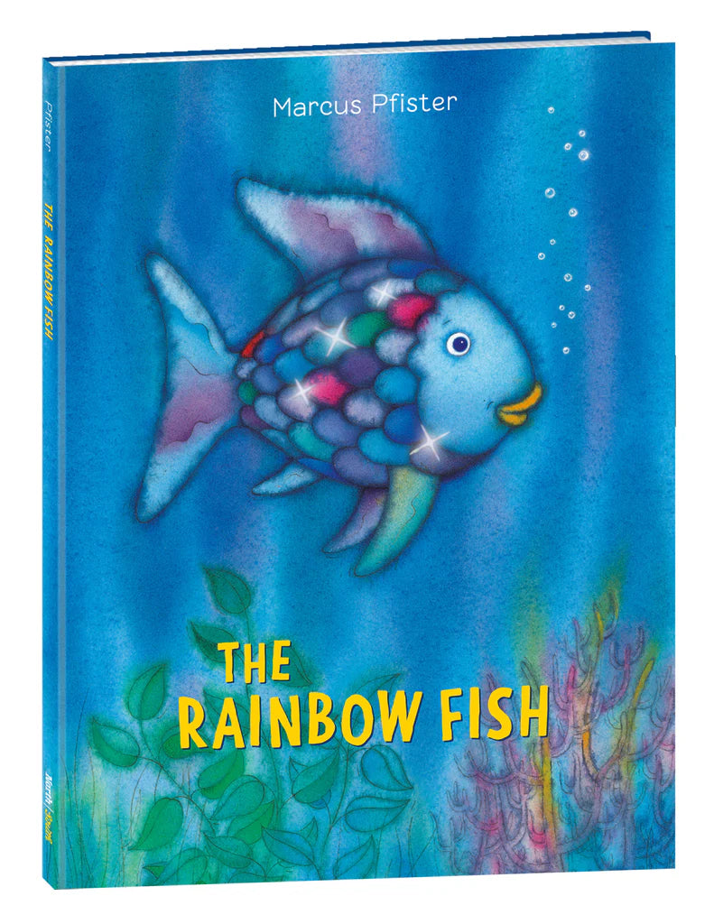Book cover of 'The Rainbow Fish' with a colorful fish illustration on a blue background.