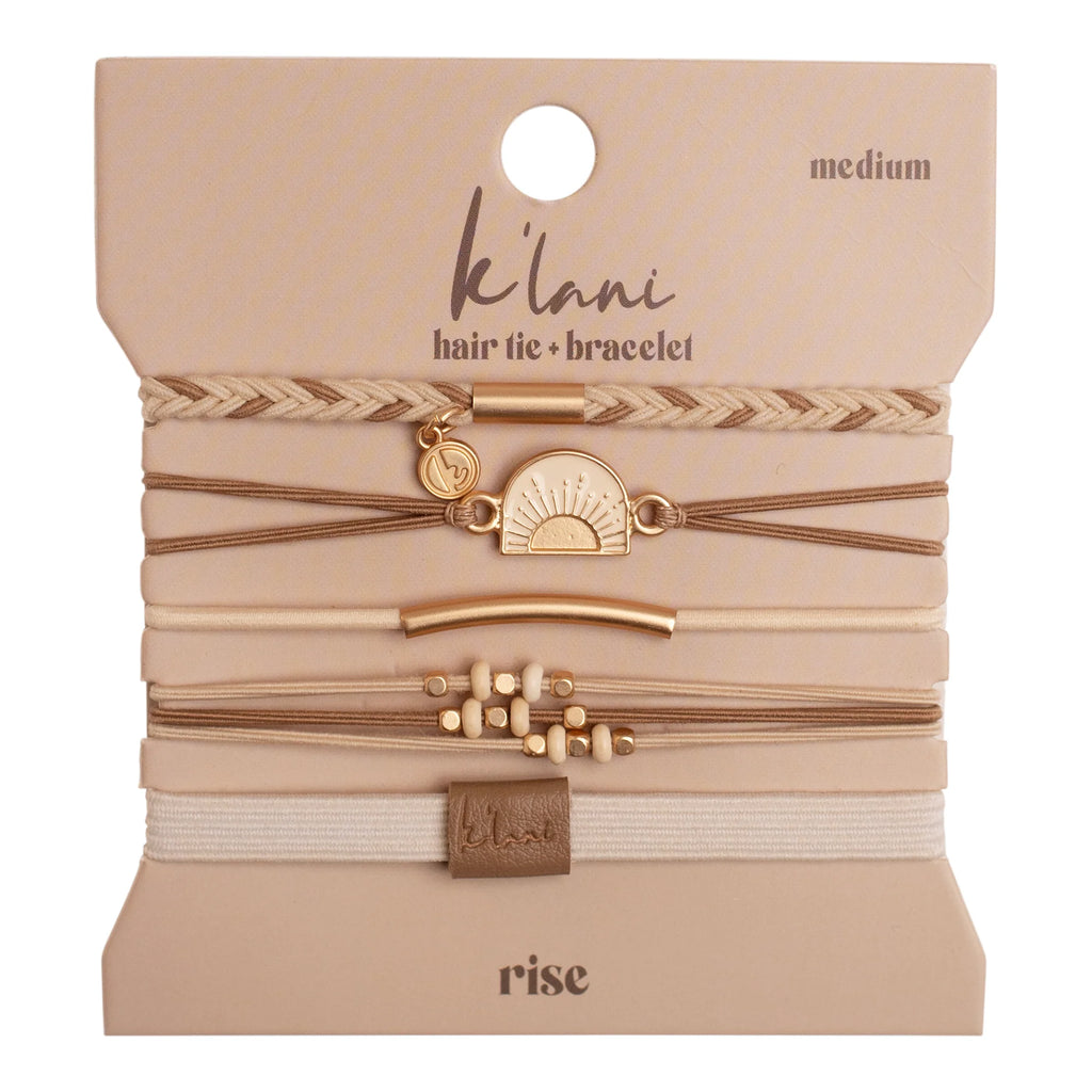 Packaged hair tie and bracelet set with 'kl'ani' branding on a beige background