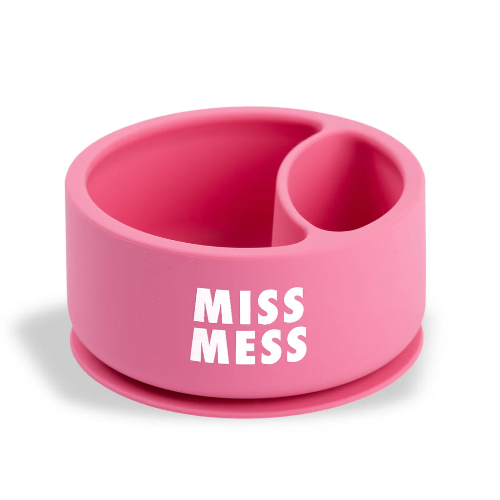 Pink silicone cup with 'MISS MESS' text on a white background