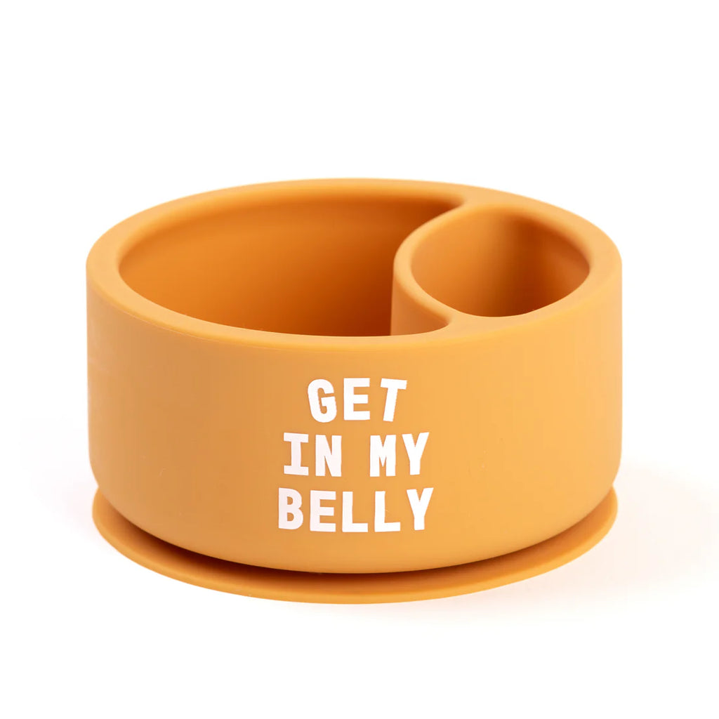 Orange silicone baby bowl with 'GET IN MY BELLY' text on a white background