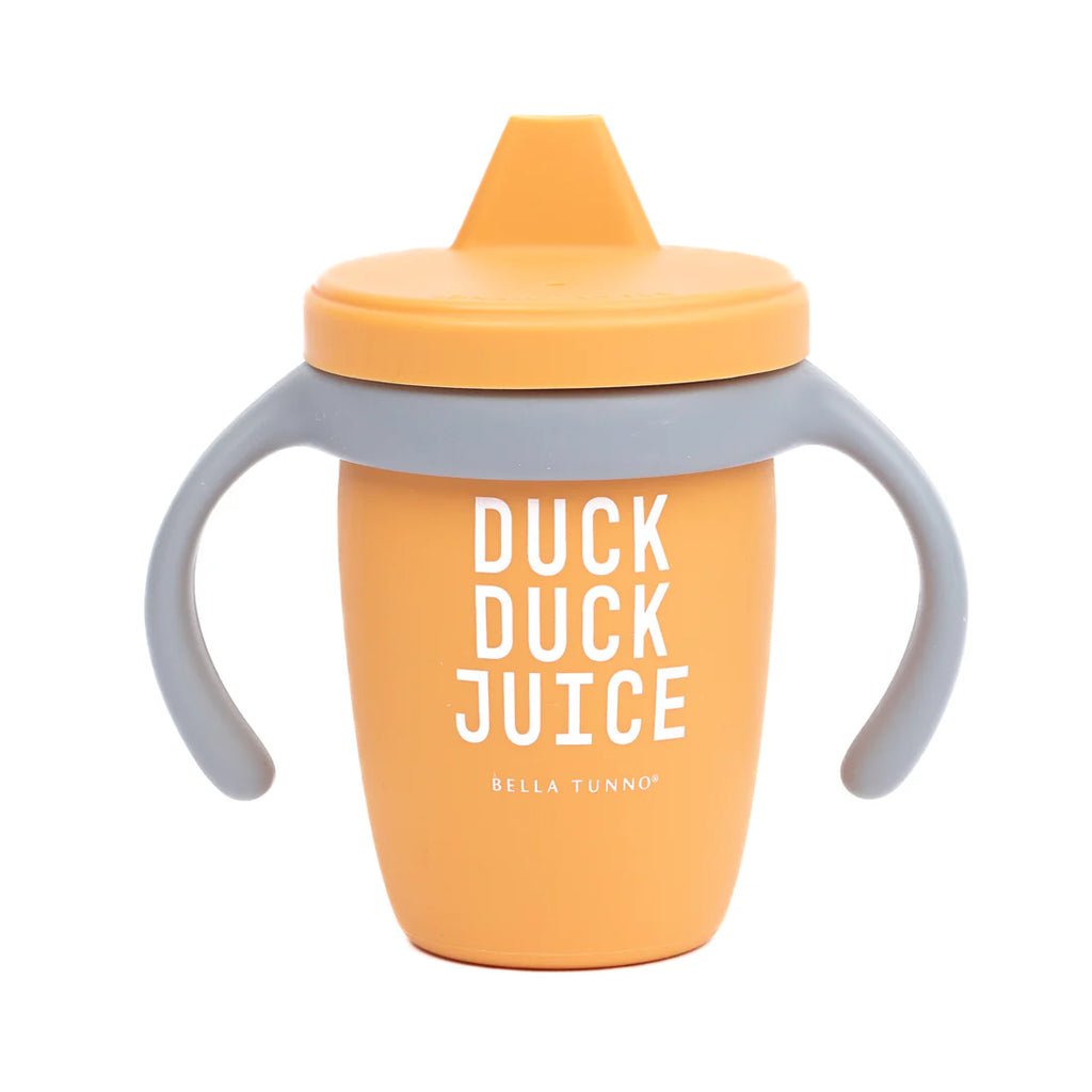 Orange sippy cup with gray handles and 'Duck Duck Juice' text on a white background