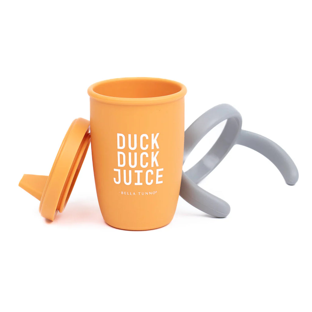 Orange sippy cup with gray handle and 'Duck Duck Juice' text on a white background