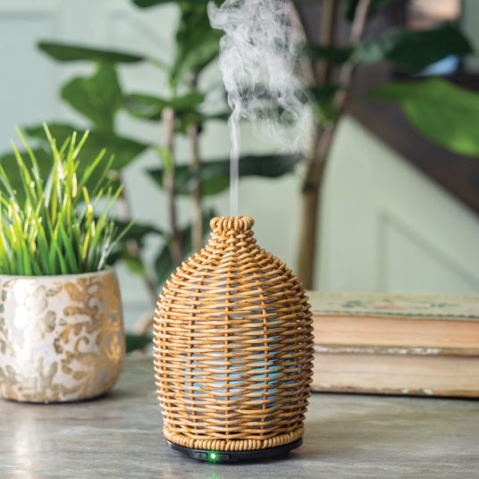 Wicker diffuser emitting mist on a table with plants and books in the background