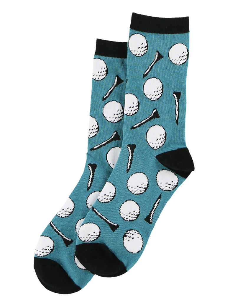Teal socks with golf ball and tee pattern on a white background