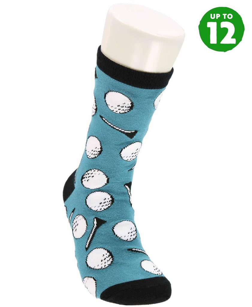 Blue sock with golf ball and tee pattern on a white background